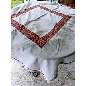 Vintage‎ White Linen Tablecloth Machine Embroidered 48" Square Geometric Pattern
